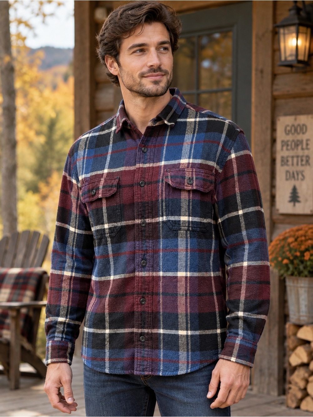 American Eagle Heritage Classic Fit Cotton Flannel Shirt Burgundy Blue Men’s M